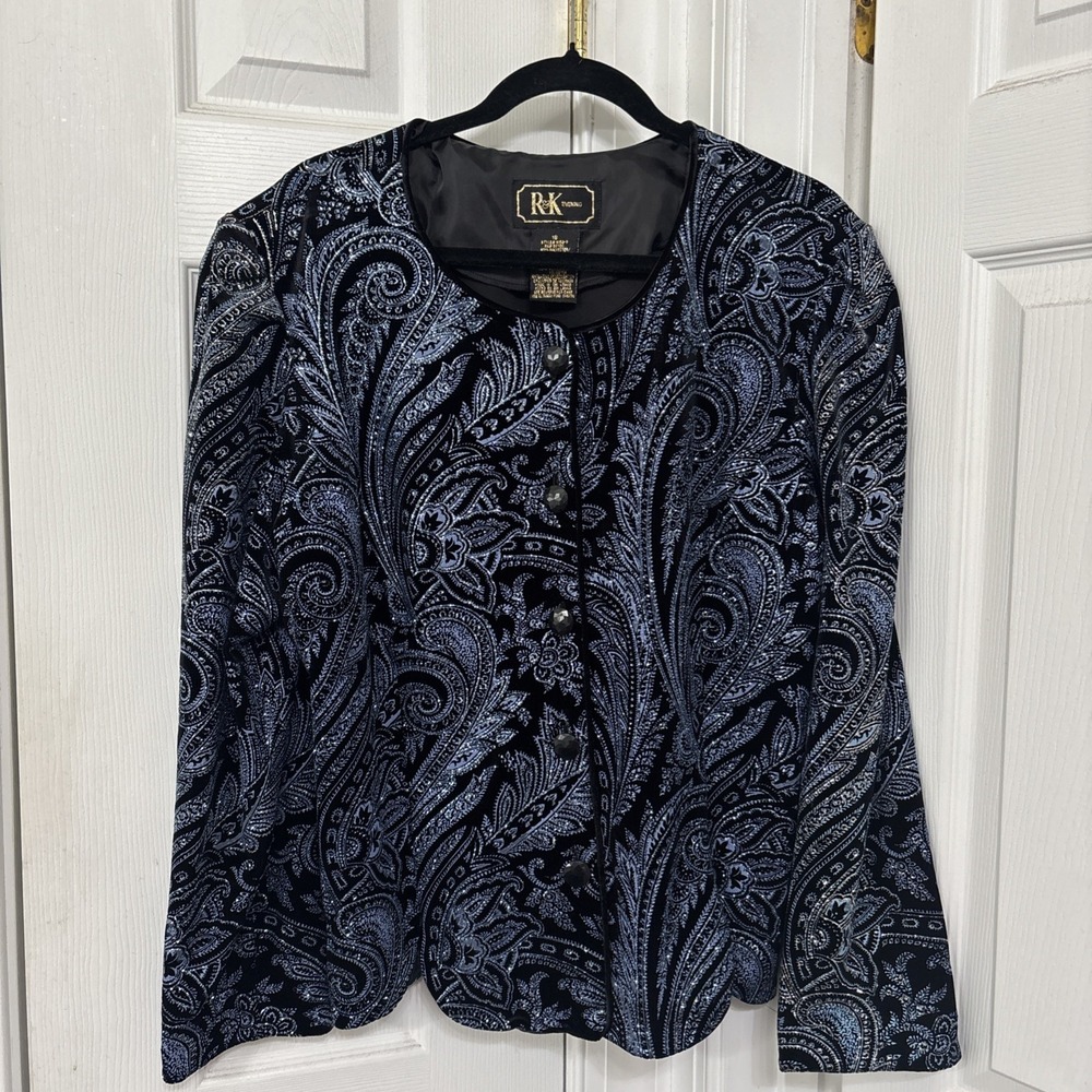 R&K Evening Women Blazer Jacket Paisley Black Blue Glitter Sparkle Vintage Sz 18